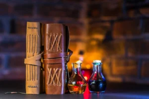 The picture shows 2 books about magic and love potions.