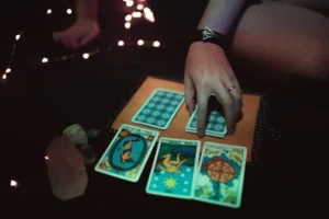 The image shows Tarot cards used in love spells