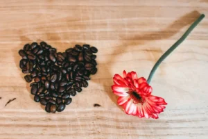 The picture shows coffee beans arranged in the shape of a heart.