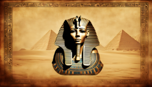 The photo shows Pharaoh. In the background are the pyramids.