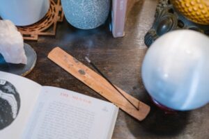 The photo shows a magic altar. It contains a book of spells.